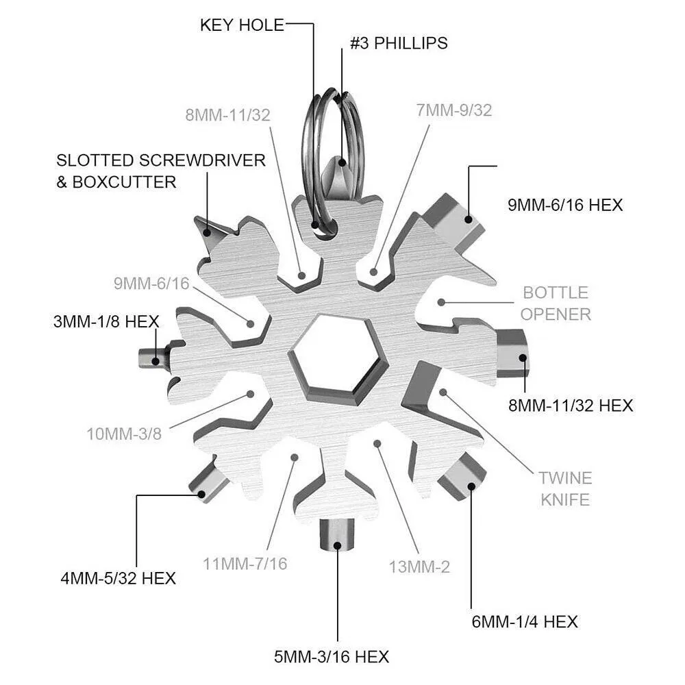 18-in-1 Stainless Steel Snowflakes Multi-tool Herramienta 18 En 1 Multifunctional Tool Copo De Nieve Llave Multiusos